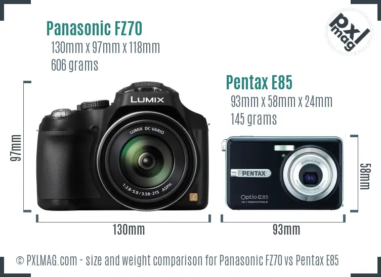 Panasonic FZ70 vs Pentax E85 size comparison