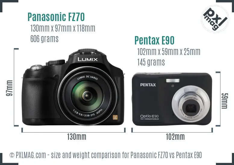 Panasonic FZ70 vs Pentax E90 size comparison