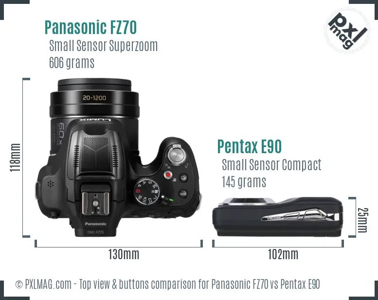 Panasonic FZ70 vs Pentax E90 top view buttons comparison