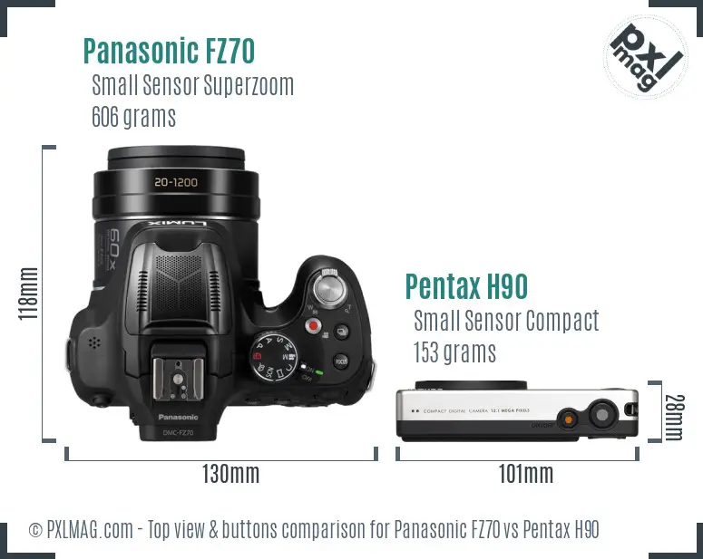 Panasonic FZ70 vs Pentax H90 top view buttons comparison