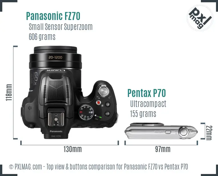 Panasonic FZ70 vs Pentax P70 top view buttons comparison