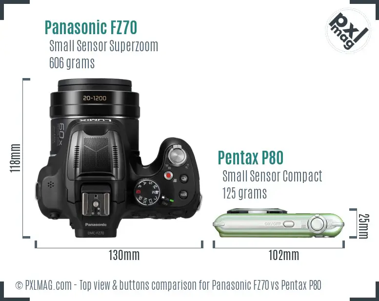Panasonic FZ70 vs Pentax P80 top view buttons comparison