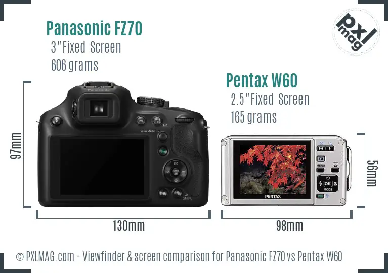 Panasonic FZ70 vs Pentax W60 Screen and Viewfinder comparison