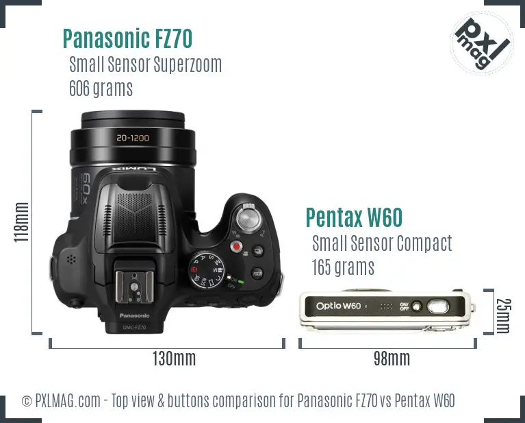 Panasonic FZ70 vs Pentax W60 top view buttons comparison