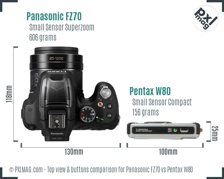 Panasonic FZ70 vs Pentax W80 top view buttons comparison