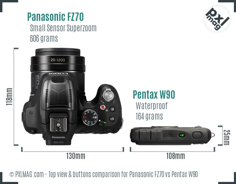 Panasonic FZ70 vs Pentax W90 top view buttons comparison