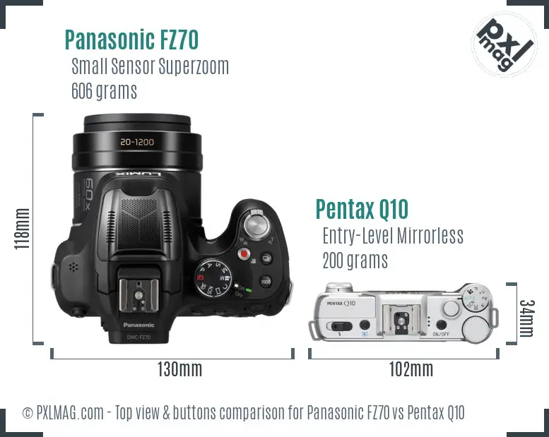 Panasonic FZ70 vs Pentax Q10 top view buttons comparison