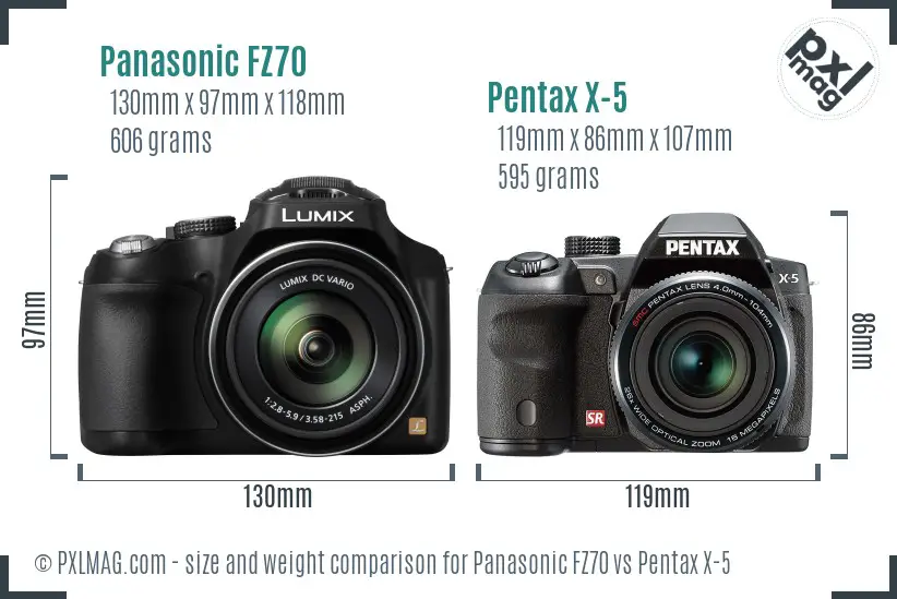 Panasonic FZ70 vs Pentax X-5 size comparison Panasonic FZ70 vs Pentax X-5 size comparison
