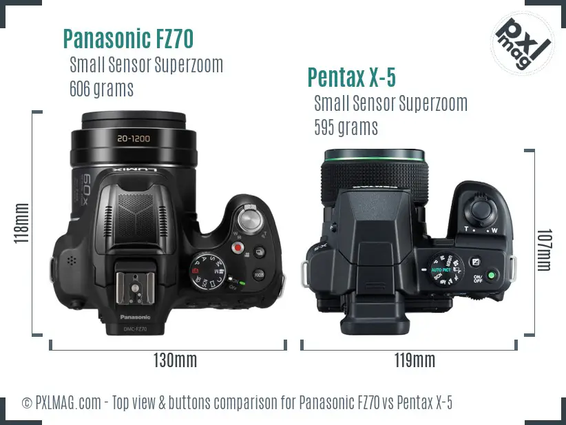 Panasonic FZ70 vs Pentax X-5 top view buttons comparison Panasonic FZ70 vs Pentax X-5 top view buttons comparison