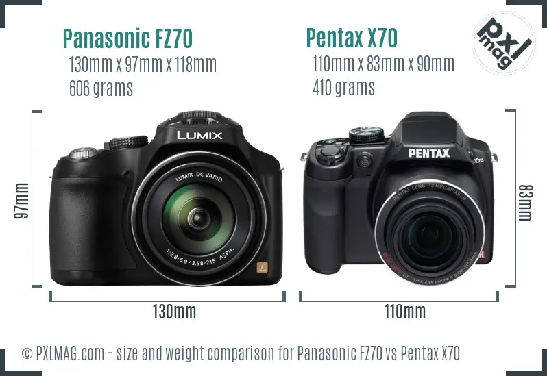 Panasonic FZ70 vs Pentax X70 size comparison