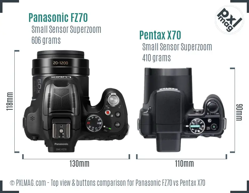 Panasonic FZ70 vs Pentax X70 top view buttons comparison