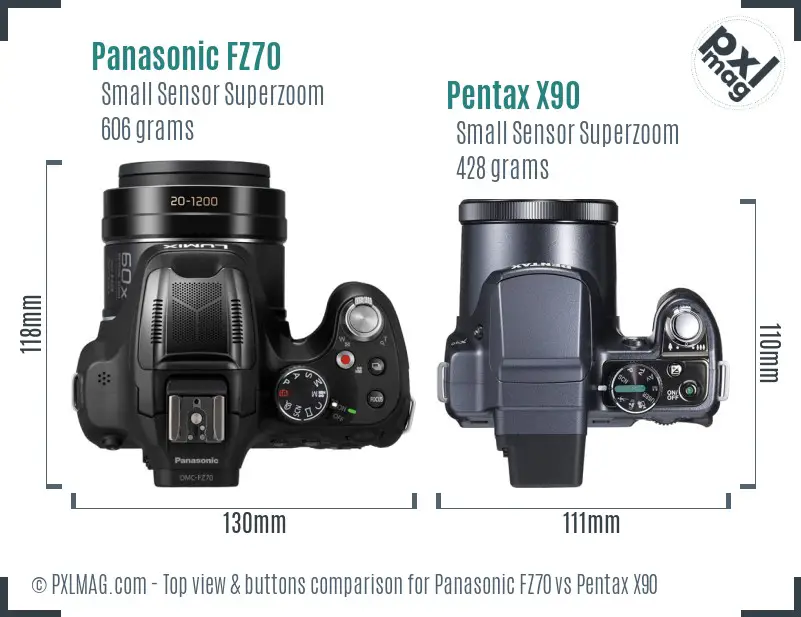 Panasonic FZ70 vs Pentax X90 top view buttons comparison