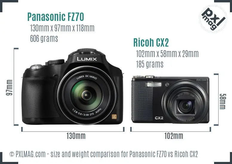 Panasonic FZ70 vs Ricoh CX2 size comparison