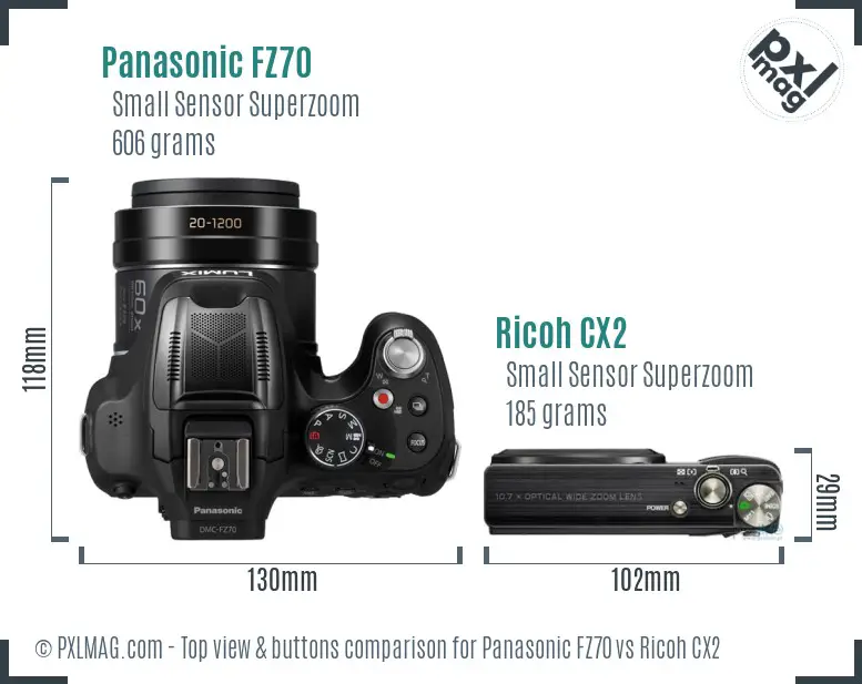 Panasonic FZ70 vs Ricoh CX2 top view buttons comparison