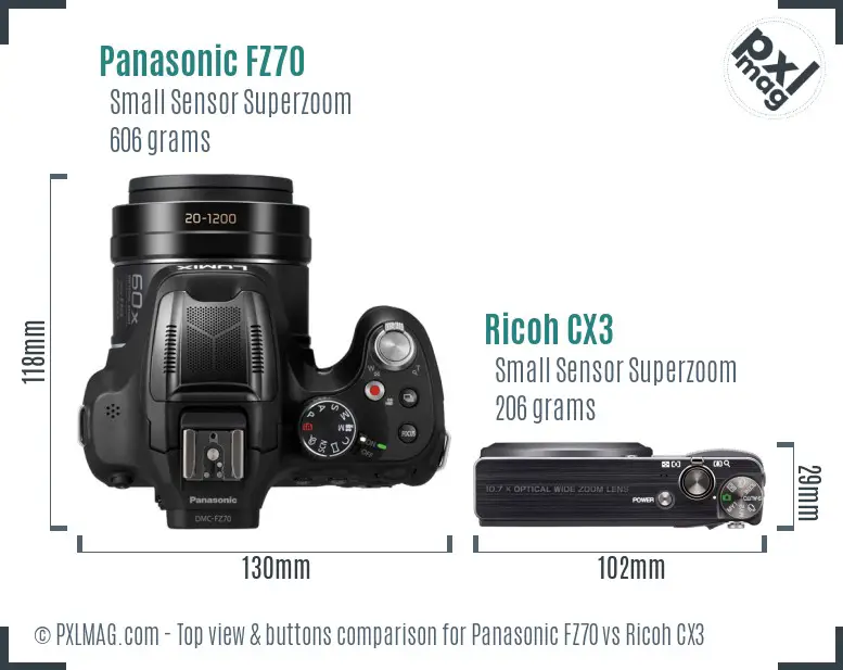 Panasonic FZ70 vs Ricoh CX3 top view buttons comparison Panasonic FZ70 vs Ricoh CX3 top view buttons comparison