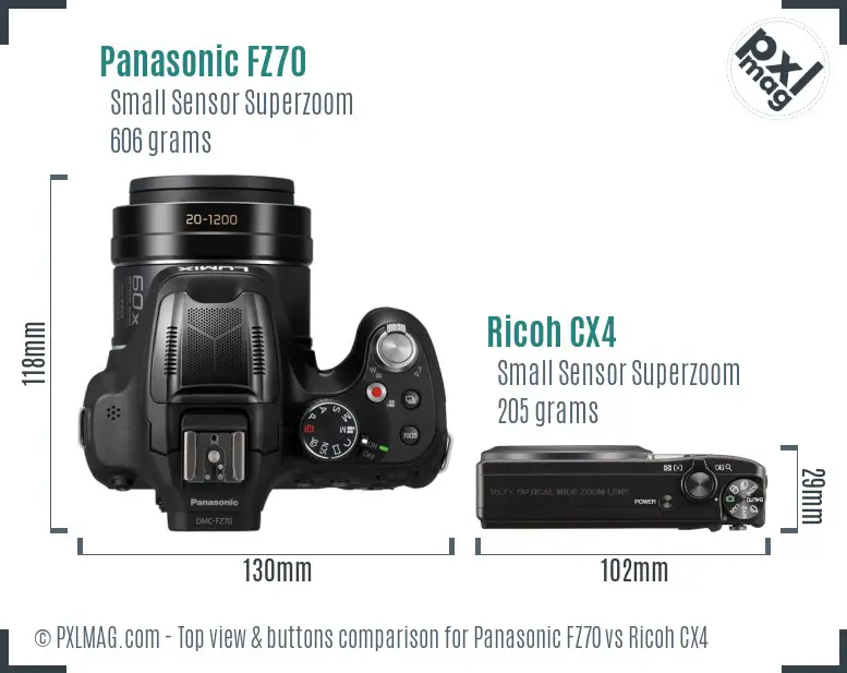 Panasonic FZ70 vs Ricoh CX4 top view buttons comparison