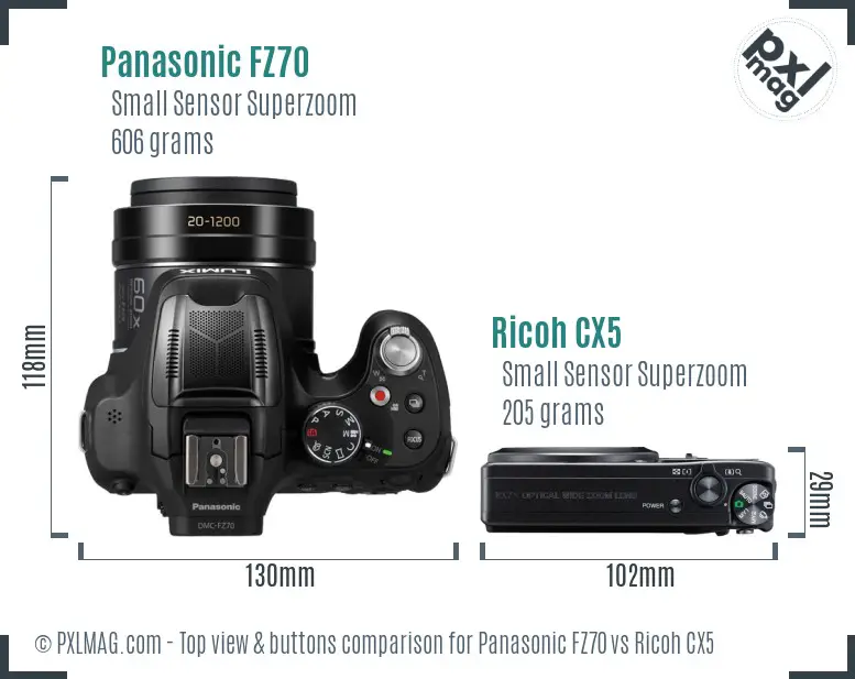 Panasonic FZ70 vs Ricoh CX5 top view buttons comparison