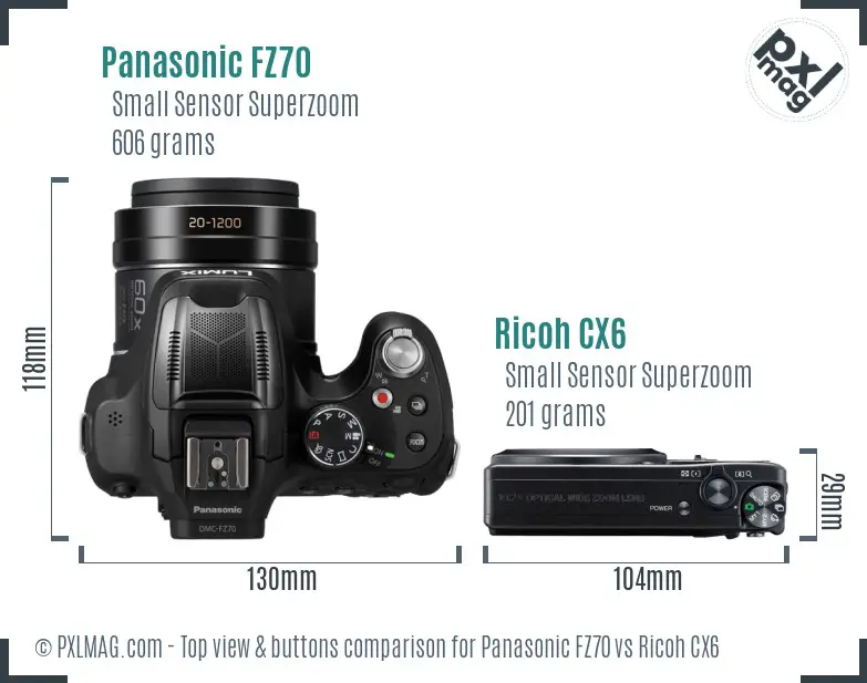 Panasonic FZ70 vs Ricoh CX6 top view buttons comparison