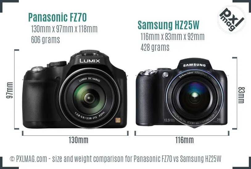 Panasonic FZ70 vs Samsung HZ25W size comparison