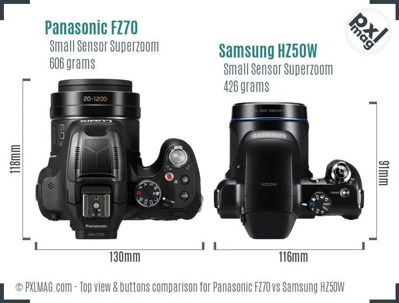 Panasonic FZ70 vs Samsung HZ50W top view buttons comparison