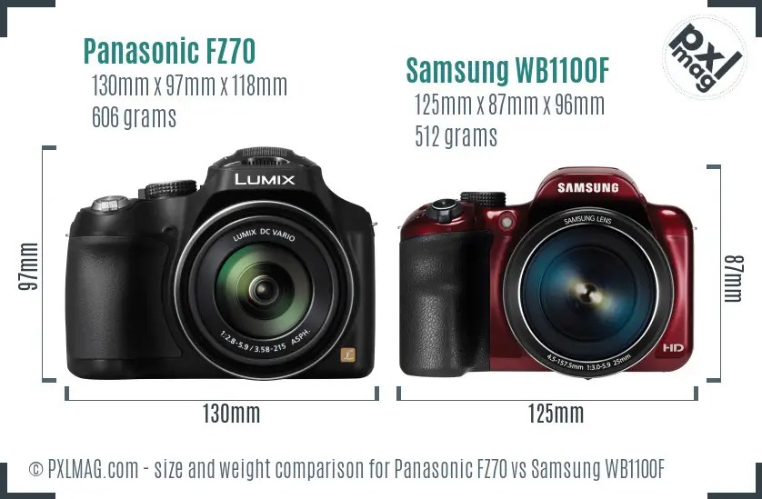 Panasonic FZ70 vs Samsung WB1100F size comparison