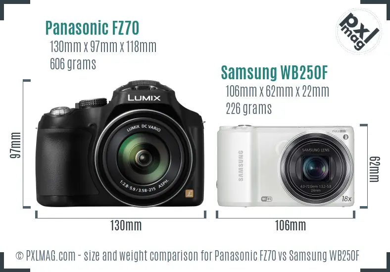 Panasonic FZ70 vs Samsung WB250F size comparison Panasonic FZ70 vs Samsung WB250F size comparison