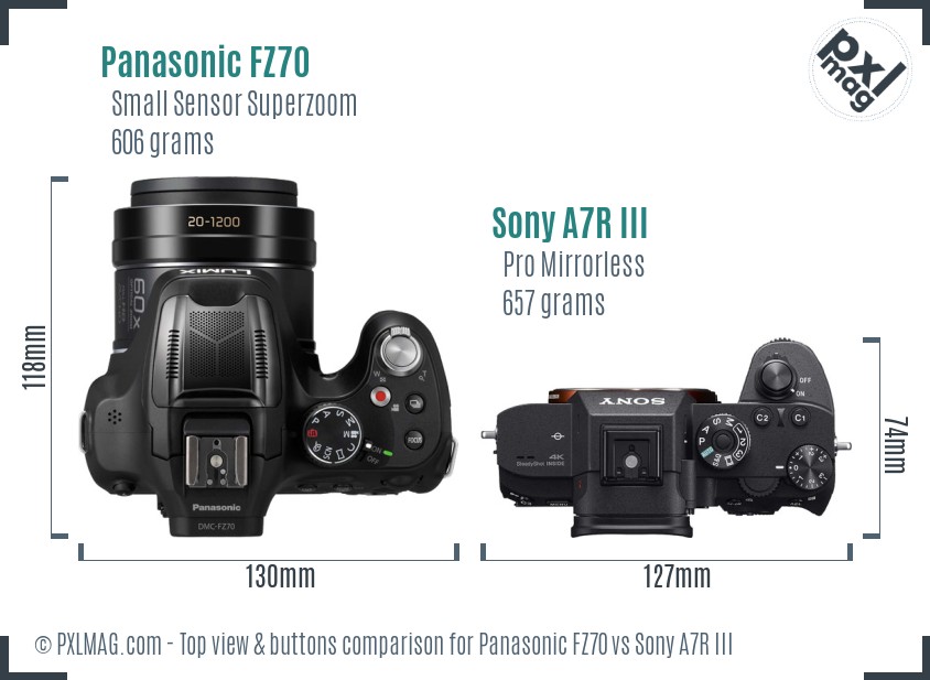 Panasonic FZ70 vs Sony A7R III top view buttons comparison