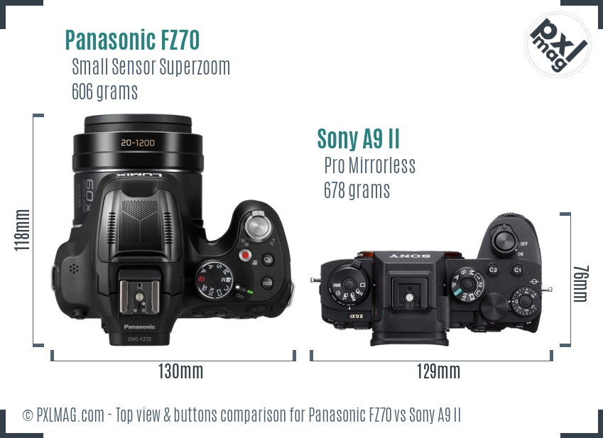Panasonic FZ70 vs Sony A9 II top view buttons comparison