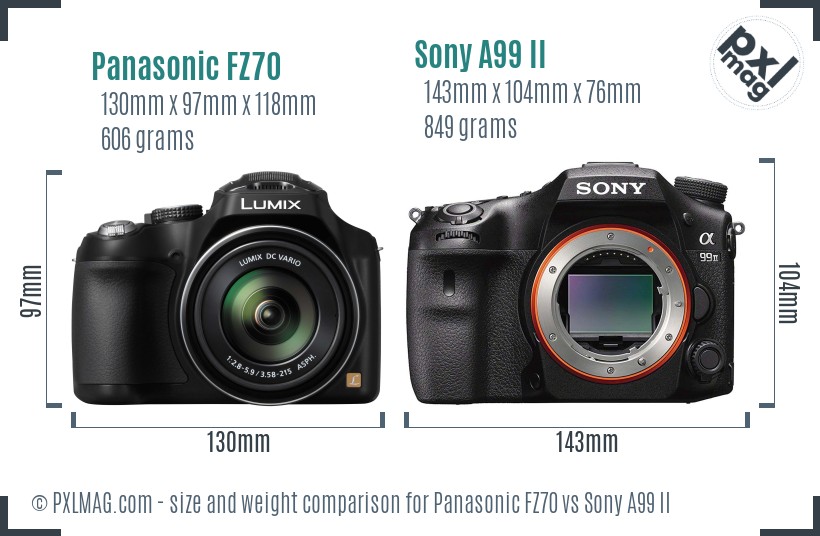 Panasonic FZ70 vs Sony A99 II size comparison