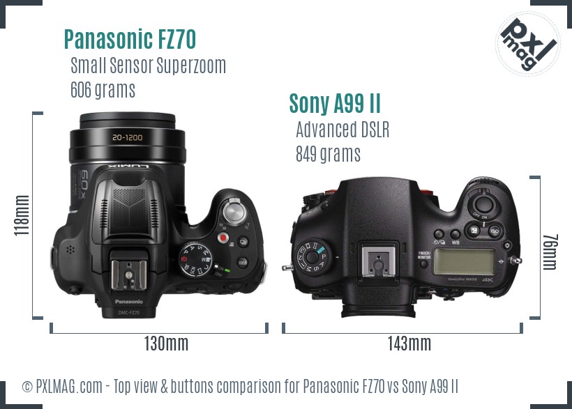 Panasonic FZ70 vs Sony A99 II top view buttons comparison