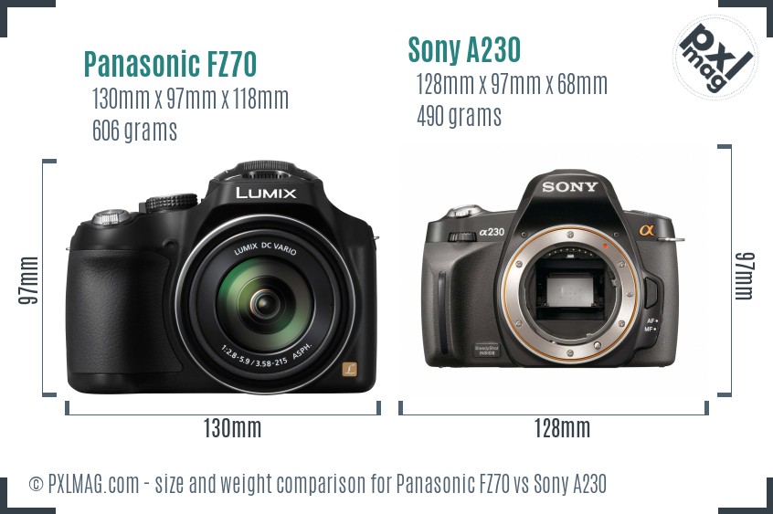 Panasonic FZ70 vs Sony A230 size comparison