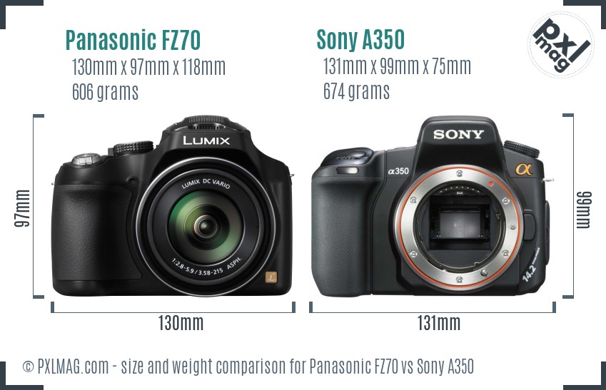 Panasonic FZ70 vs Sony A350 size comparison Panasonic FZ70 vs Sony A350 size comparison