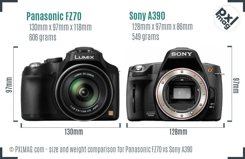 Panasonic FZ70 vs Sony A390 size comparison