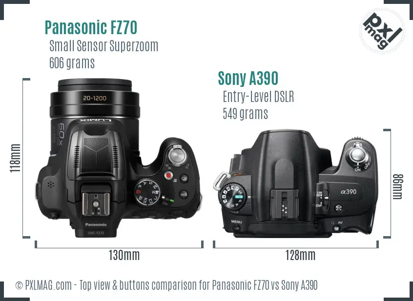 Panasonic FZ70 vs Sony A390 top view buttons comparison