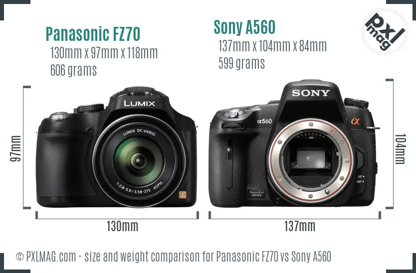 Panasonic FZ70 vs Sony A560 size comparison