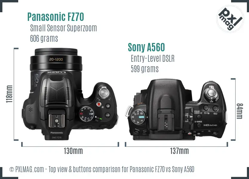 Panasonic FZ70 vs Sony A560 top view buttons comparison