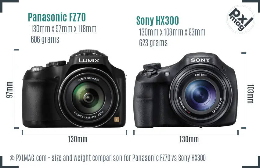 Panasonic FZ70 vs Sony HX300 size comparison