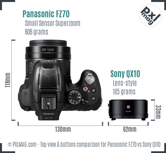 Panasonic FZ70 vs Sony QX10 top view buttons comparison
