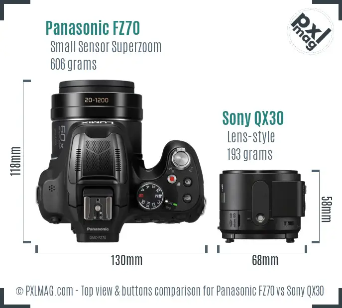 Panasonic FZ70 vs Sony QX30 top view buttons comparison Panasonic FZ70 vs Sony QX30 top view buttons comparison