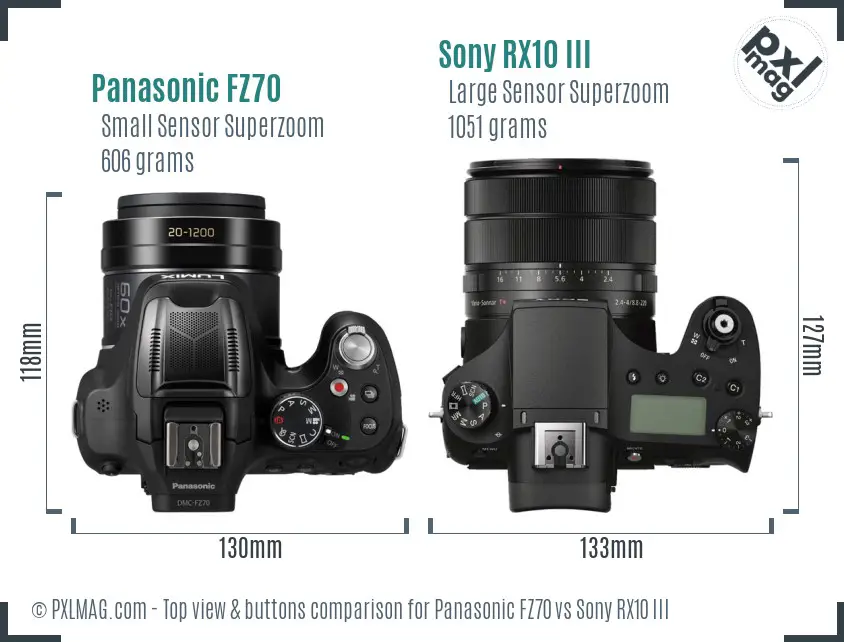 Panasonic FZ70 vs Sony RX10 III top view buttons comparison