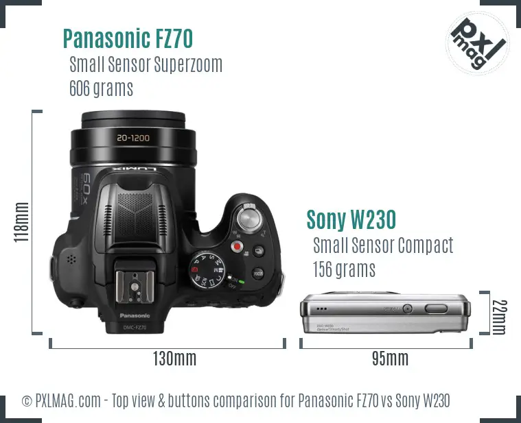 Panasonic FZ70 vs Sony W230 top view buttons comparison