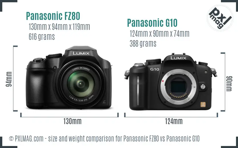 Panasonic FZ80 vs Panasonic G10 size comparison