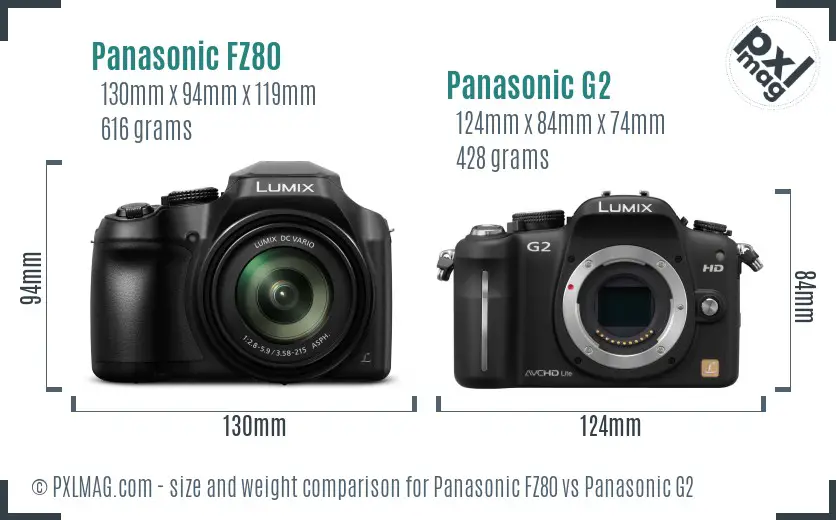 Panasonic FZ80 vs Panasonic G2 size comparison