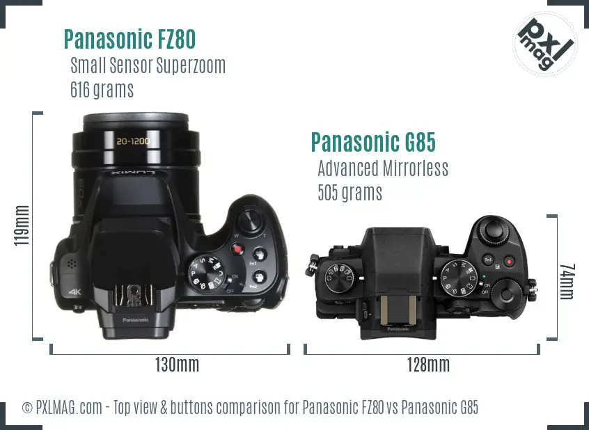 Panasonic FZ80 vs Panasonic G85 top view buttons comparison