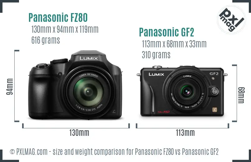Panasonic FZ80 vs Panasonic GF2 size comparison