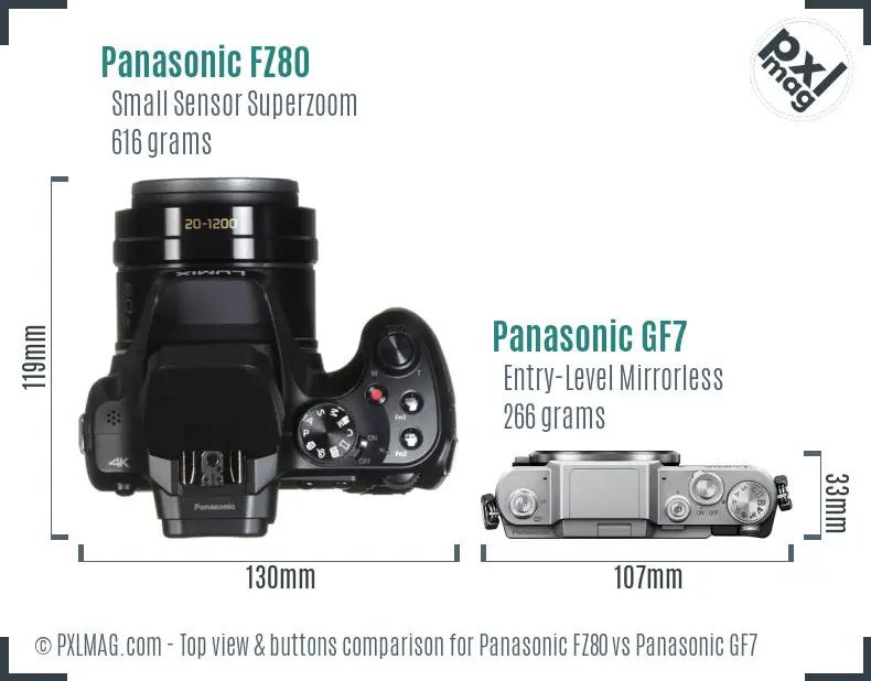 Panasonic FZ80 vs Panasonic GF7 top view buttons comparison