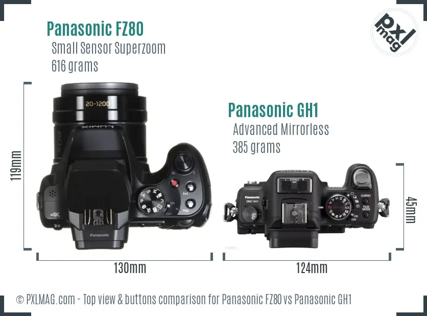 Panasonic FZ80 vs Panasonic GH1 top view buttons comparison
