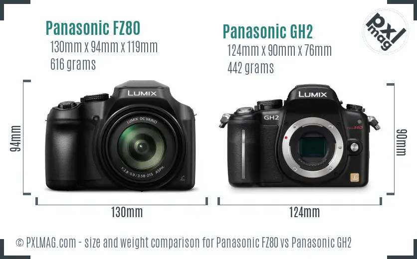 Panasonic FZ80 vs Panasonic GH2 size comparison