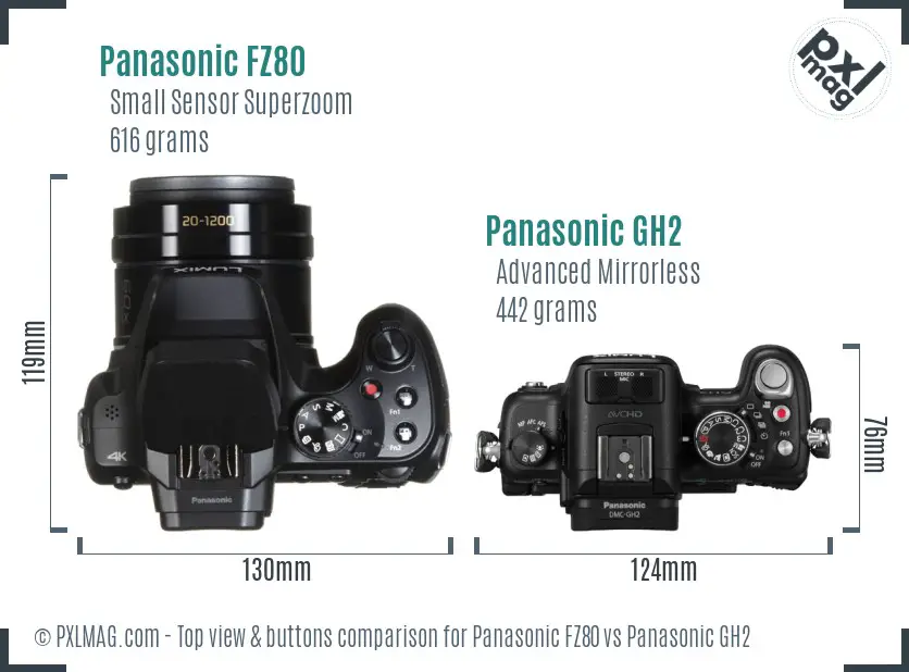 Panasonic FZ80 vs Panasonic GH2 top view buttons comparison