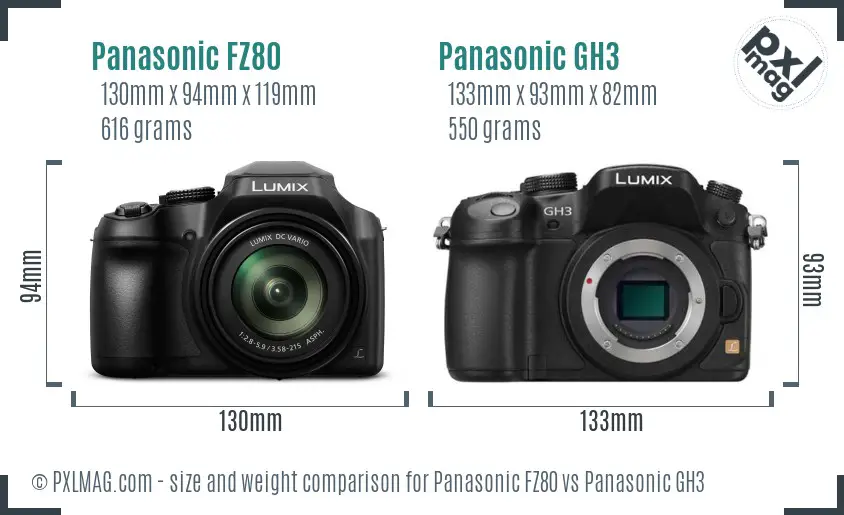 Panasonic FZ80 vs Panasonic GH3 size comparison